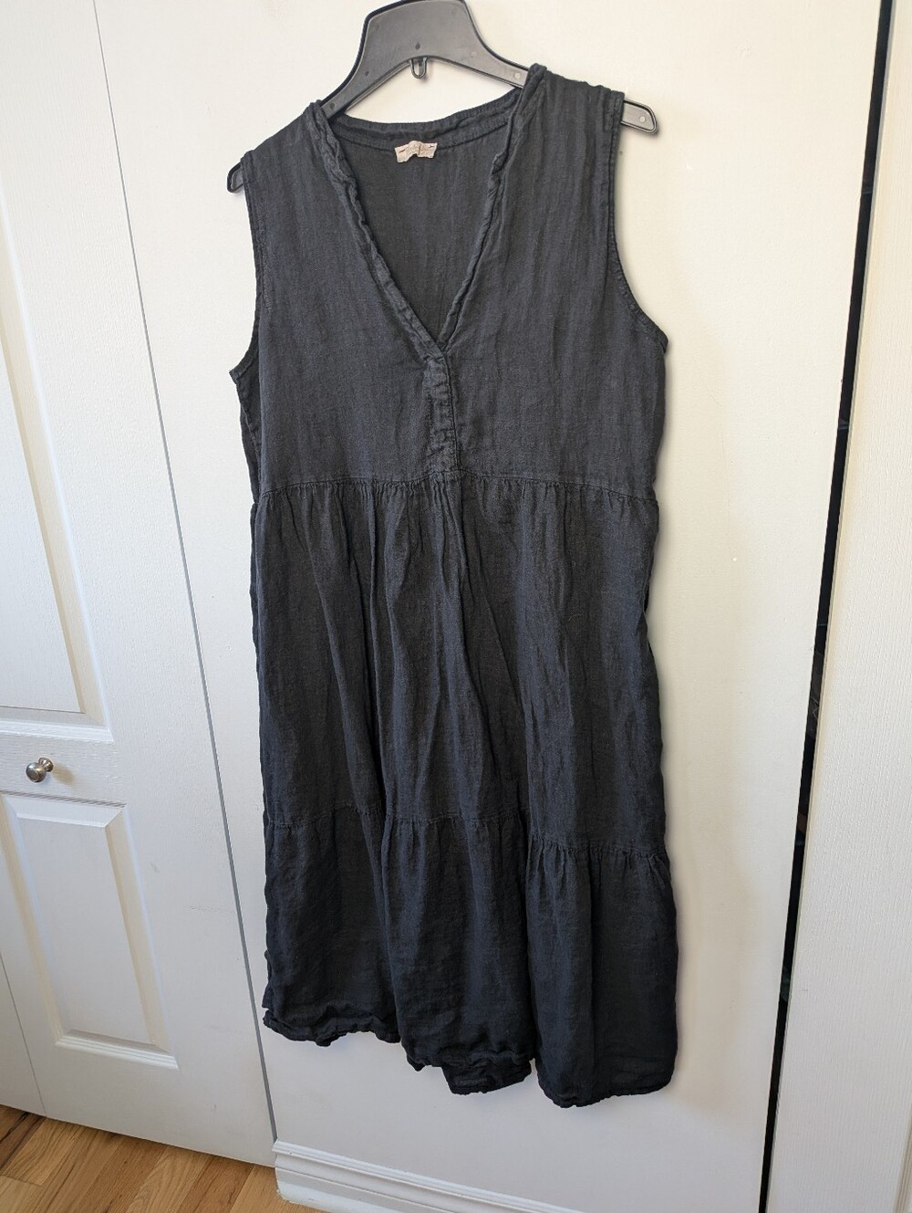 BELLAMBRA 100% Linen Black Dress Midi Lenght Sleeveless Made In Italy Size Large